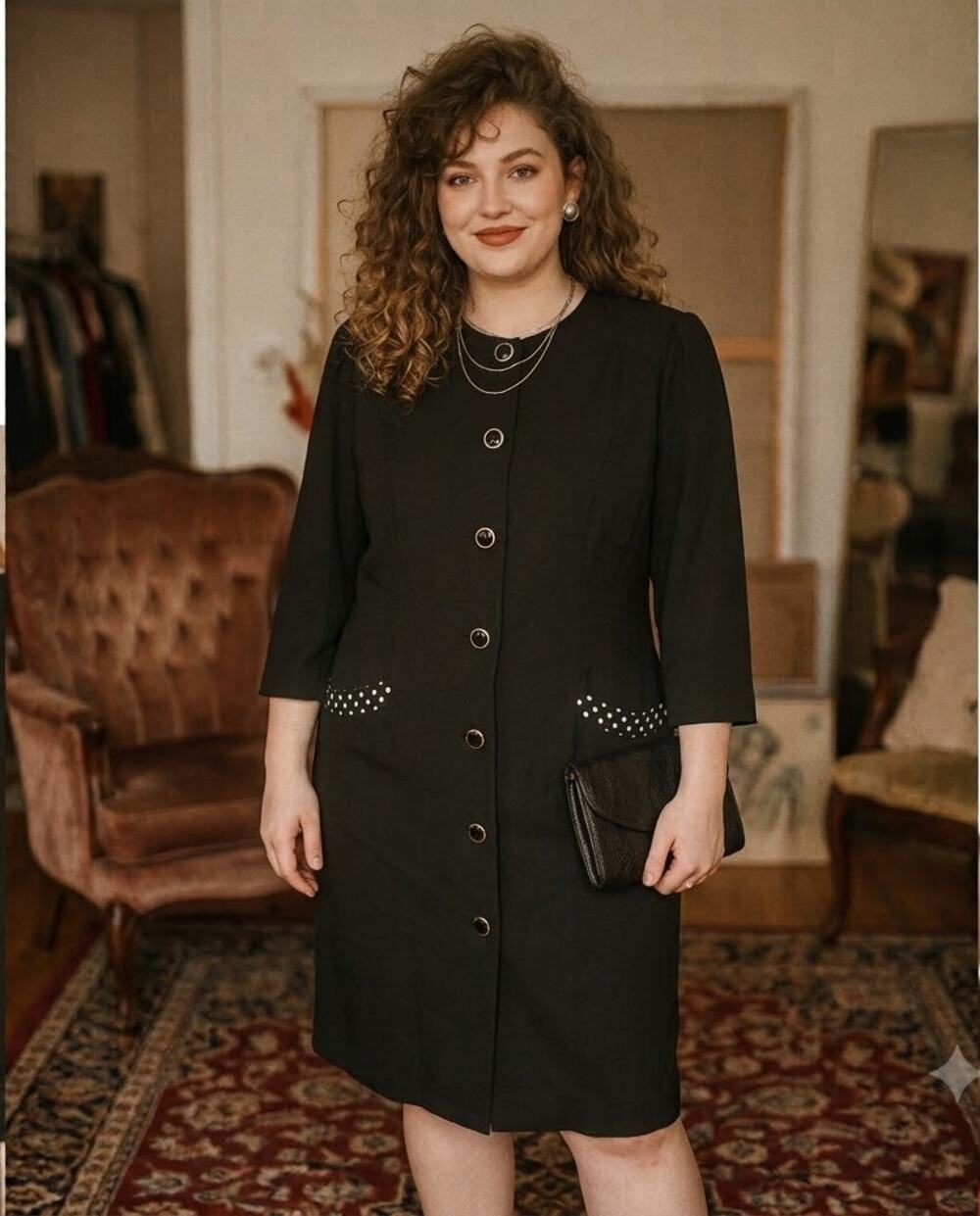Vintage CB Black Collarless Round Neck Sheath Dress Trim Faux Pockets 14WP